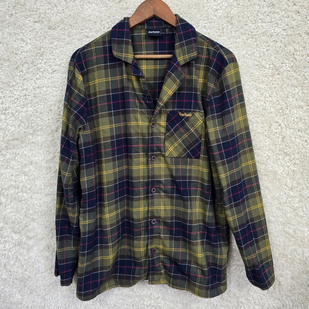 Barbour Pajama Shirt Mens Medium Green Laith Tartan Plaid Cotton Sleepwear‎